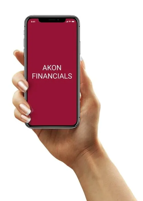 The Akon Financials app on a smartphone